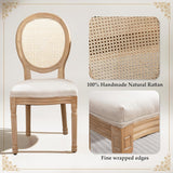 French Country Dining Chairs Set of 2, Farmhouse Dining Chairs with Round Back, Rattan Accent and Wood Legs for Kitchen or Dining Room, Beige