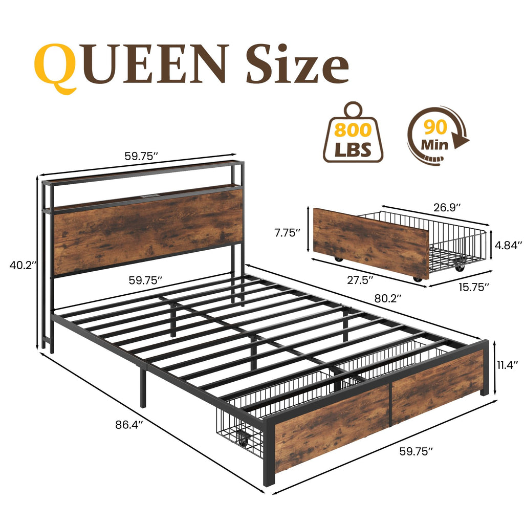 Bed Frame with Charging Station, LED Lights, 2 Drawers, Rustic Brown