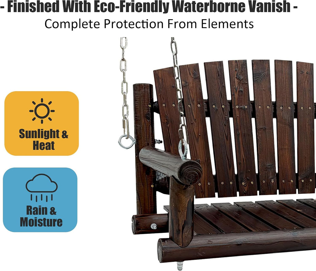 3.5 FT Rustic Log Wooden Porch Swing, Heavy-Duty 900 LBS, Outdoor Hanging Bench , Garden, Yard - Solid Fir Wood