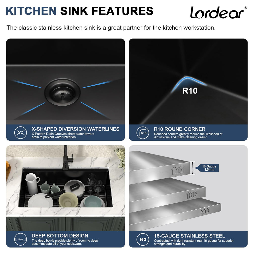 Matte Black Kitchen Sink 30 Inch Undermount Ledge Workstation T304 16 Gauge Stainless Steel Single Bowl Under Counter
