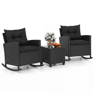 3 Piece Wicker Outdoor Rocking Chairs Set (Black)