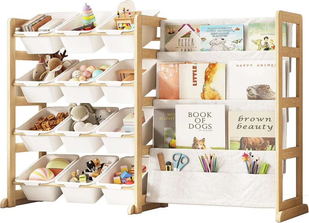 Toy Storage Organizer with Bookshelf, Kids Toy Organizer and Storage Shelf with 12 White Bins, Solid Pine Wood Book