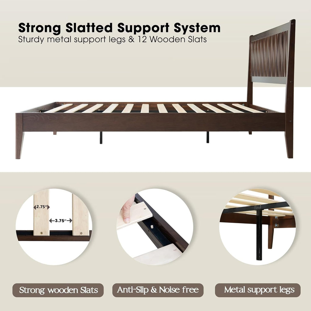 Queen Size Bed Frame with Headboard & Footboard, Solid Wood Platform Bed, Central Metal Legs, 12 Sturdy Slats, Under