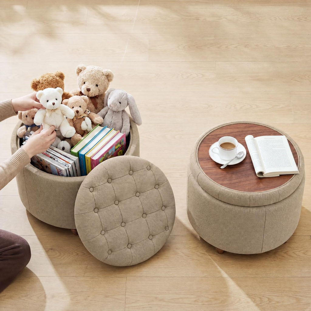 25" Round Ottoman with Storage, Small Coffee Table with Reversible Tray Lid | Tufted Fabric Round Storage Ottoman