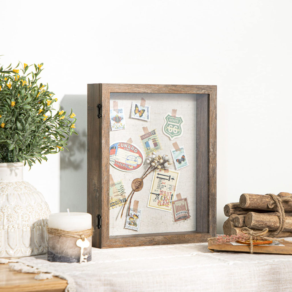 8x10 Shadow Box Frame with Linen Back - Sturdy Memory Display Case of Flower, Pictures, Medals and More, Rustic Brown