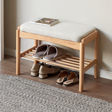 Oak Wood Shoe Bench, 24 Inch Entryway Bench with Light Gray Cushion