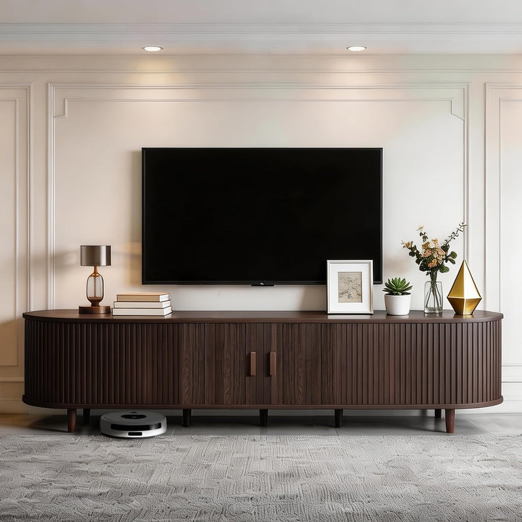 80" Mid-Century Modern TV Stand with Sliding Doors, TV Consoles with Power Outlet, Fluted Entertainment Center with