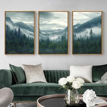 Large Misty Mountain Framed Wall Art 16x24 inch Green Foggy Forest Canvas Wall Decor Modern Pine Trees Nature