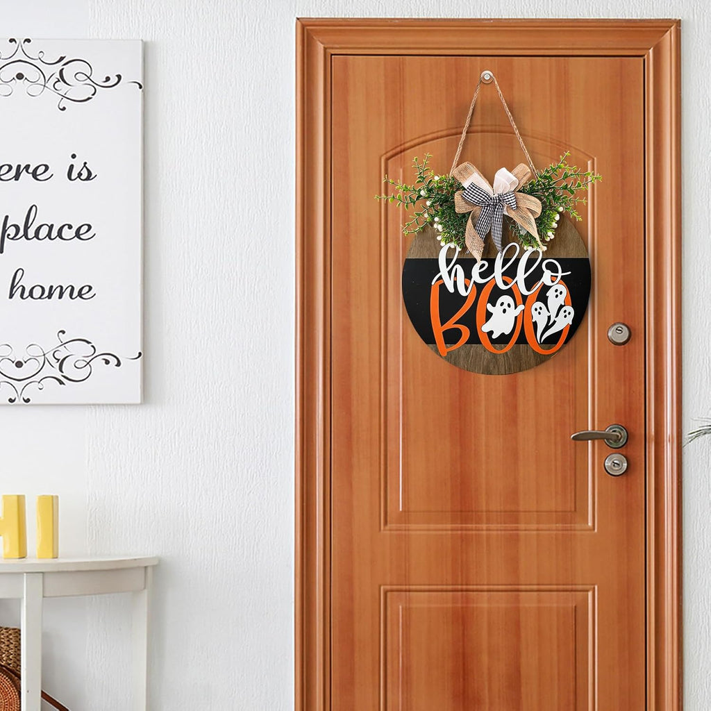 Cute Ghost Door Sign 12 Inch Halloween Wreaths for Front Door Cute Halloween Decor Wood Door Hanger Hello Boo Sign