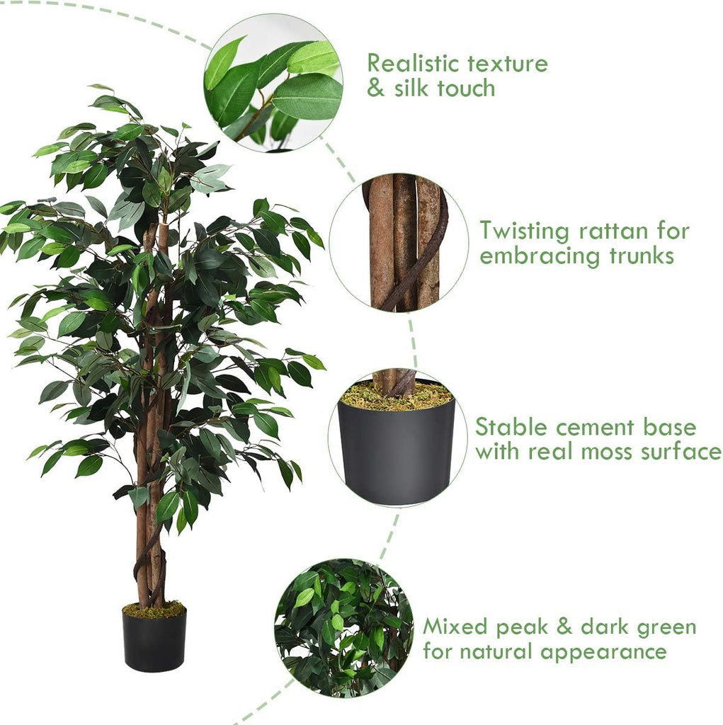 4FT Artificial Ficus Silk Tree, Potted Fake Tree w/Green Leaves and Natural Trunk, Maintenance Free, Tall Faux Plant