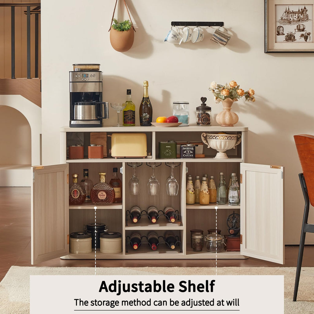 Rattan Wine Bar Cabinet with Storage, Grey White