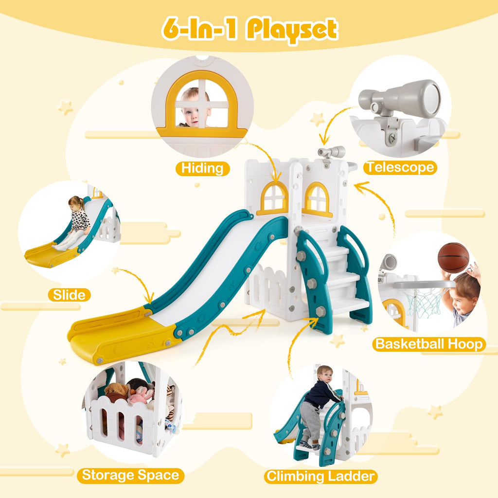 Toddler Slide, 6-in-1 Indoor & Outdoor Kids Slide Playset (Yellow)