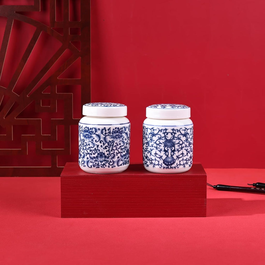 Chinoiserie Blue and White Porcelain Ginger Jar with Twist Lid-Versatile Ceramic with Five Unique Floral