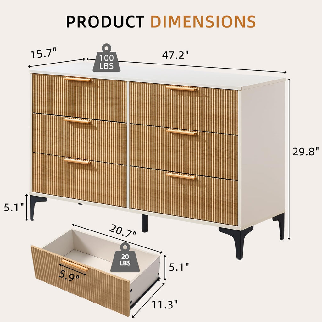 Fluted Dresser, Wide 6 Drawer Wood Dresser, White/Natural Oak