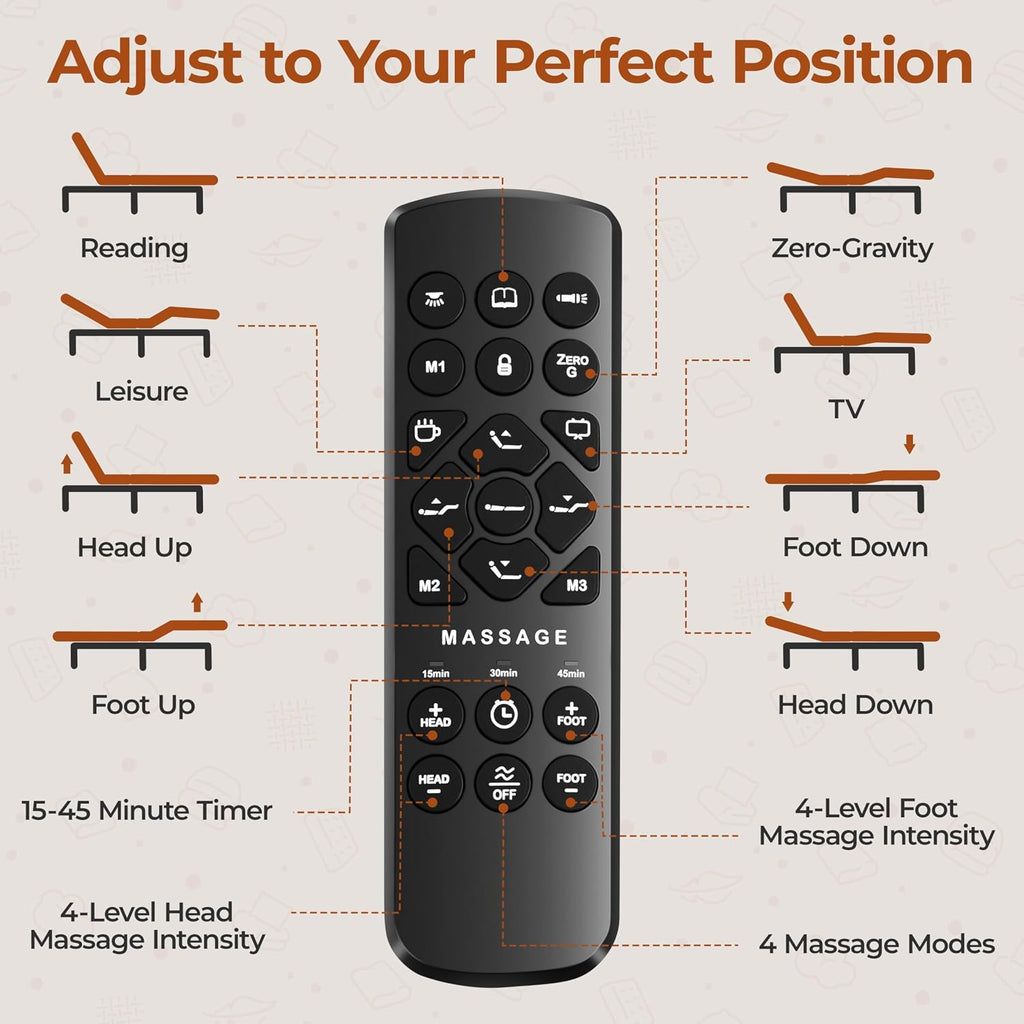 Queen Adjustable Bed Frame,w/Wireless Remote,Massage Function,Nightlight,4 Height-Adjustable Legs,Head & Foot