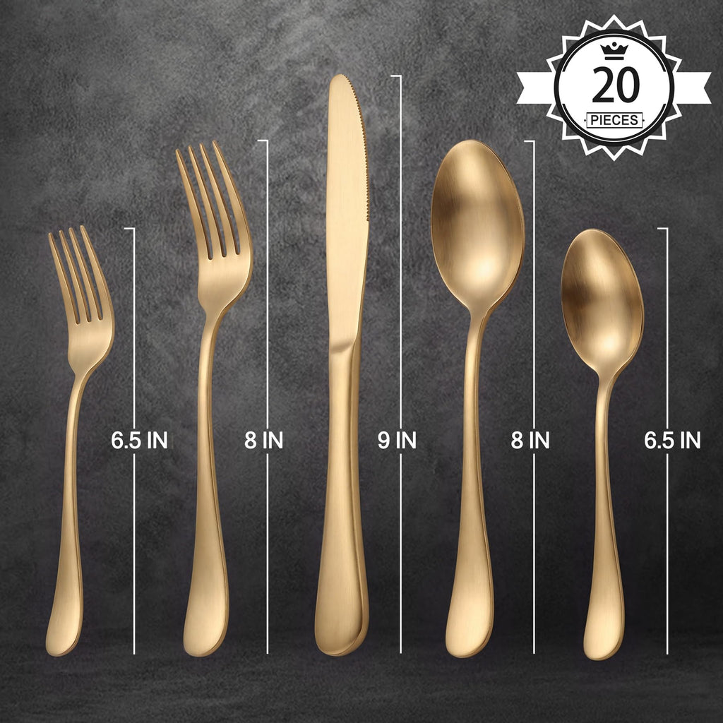 20 Piece Matte Gold Silverware Set, Stainless Steel Gold Flatware
