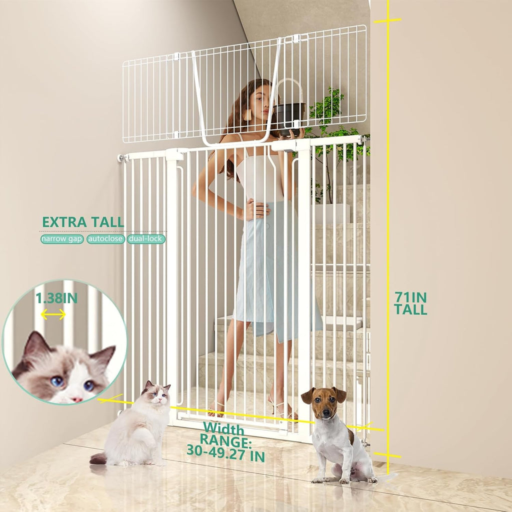 71" Extra Tall Cat Gate for Doorway - 30"-49.27" Extra Wide Pet Gate with Adjustable Cat Door Wide, Auto Close