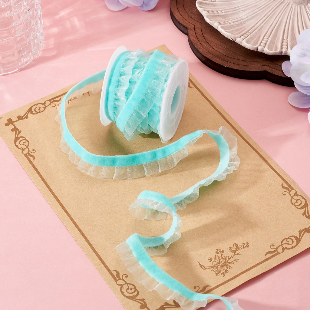 1 Roll Velvet Ruffle Lace Trims 5/8 inch Turquoise Elastic Lace Ribbons 6 Yards Pleated Velvet Organza Ribbon for