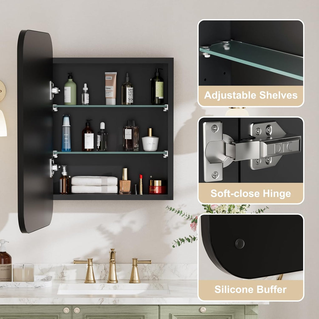16x24 Inch Medicine Cabinet with Mirror, Rounded Corner, Black | Fully Assembled, Recessed or Surface Mount Metal