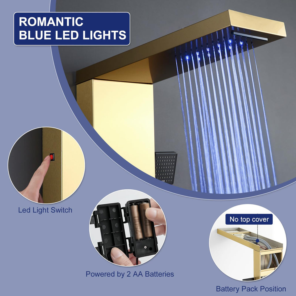 6 in 1 LED Rainfall Waterfall Shower Panel Tower System Brushed Gold