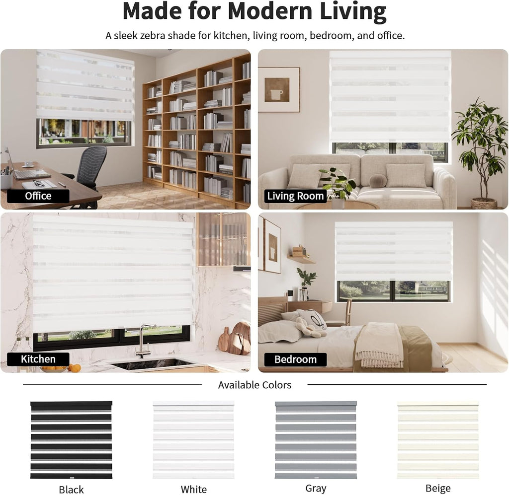 Cordless Zebra Blinds for Windows with Free-Stop(White,24" W x 72" H) Dual Layer Shades for Day & Night Privacy and