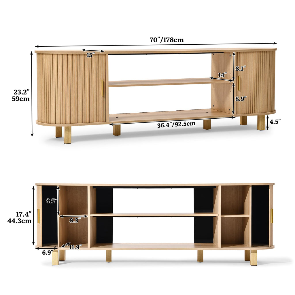 70" Mid Century TV Stand with Fluted Sliding Doors, Natural Oak