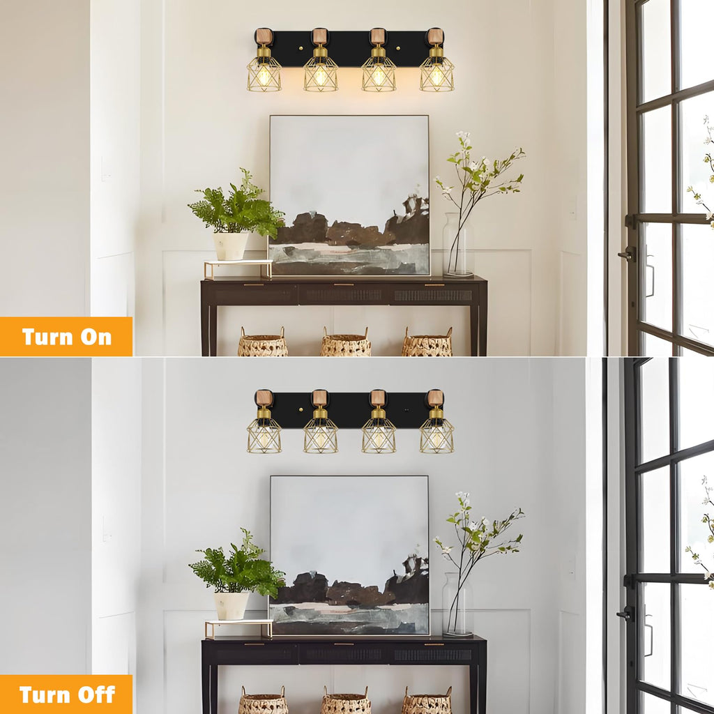 Farmhouse Bathroom Vanity Light Fixtures, 4-Light Wood Bathroom Lighting Over Mirror, Rustic Black Gold Sconces Wall