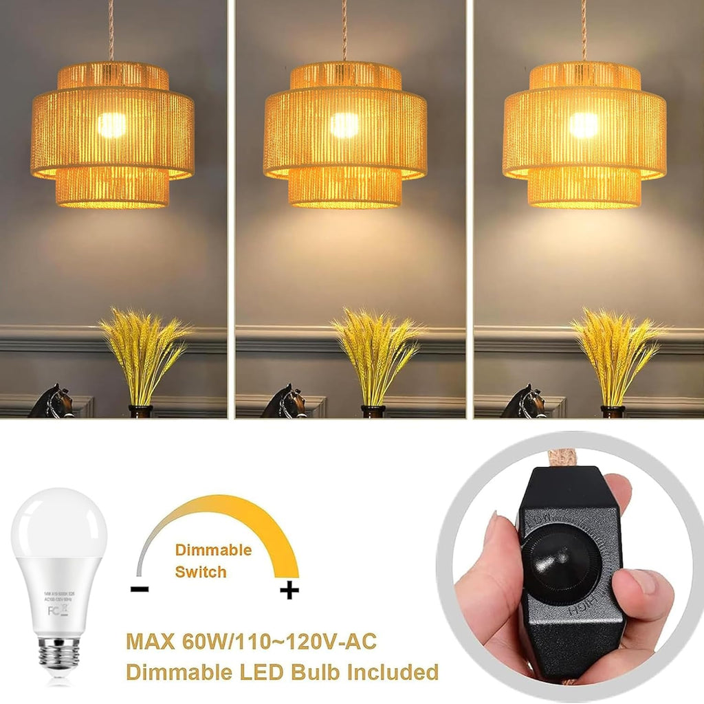 Plug in Pendant Light Hanging Lights with Plug in Cord Hanging Lamp Boho Rattan Dimmable Wicker Bamboo Woven Shade