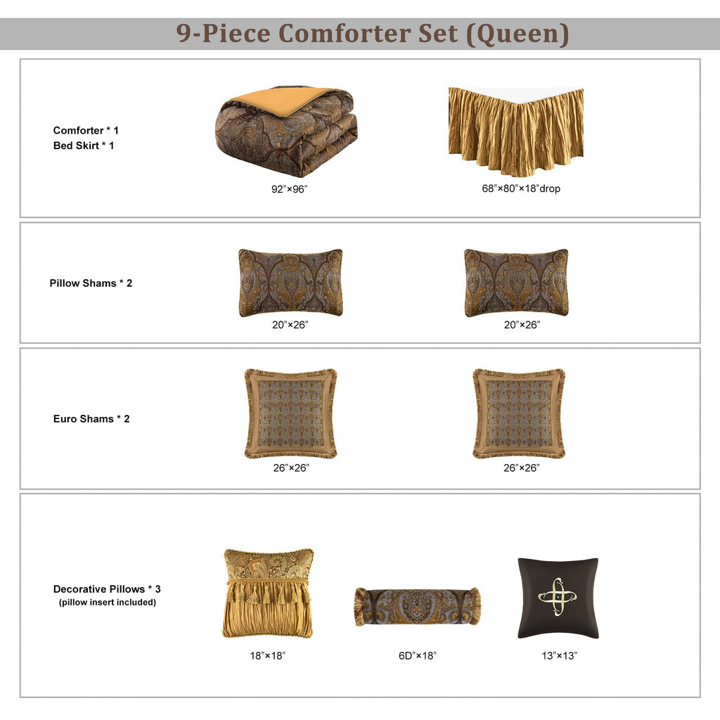 Luxury Jacquard Comforter Set 9-Piece, Bronze Gold, Queen