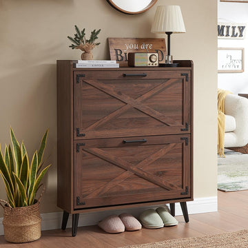 Farmhouse Shoe Storage Cabinet with 2 Flip Drawers & Barn Door