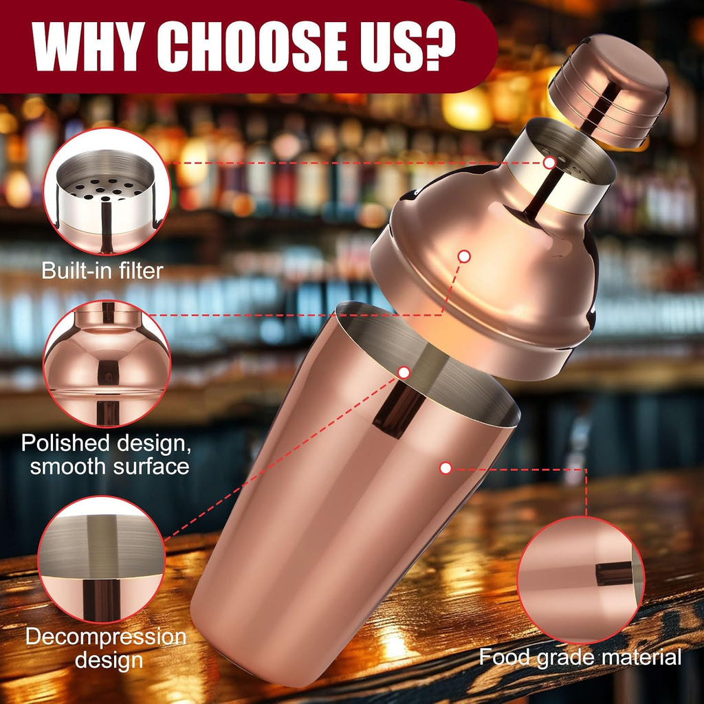 Bar Cocktail Shaker Stainless Steel, Rose Gold, 18.6 oz - Set of 6