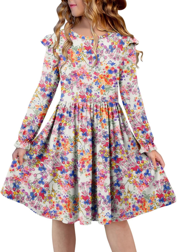 Girls Long Sleeve Dress Casual A Line Ruffle Twirly Skater Dresses