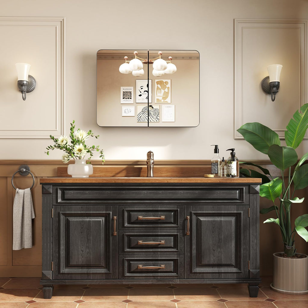 32x24 in Double Door Medicine Cabinet with Mirror, Matte Black | Fully Assembled; Recessed or Surface Wall Mount;