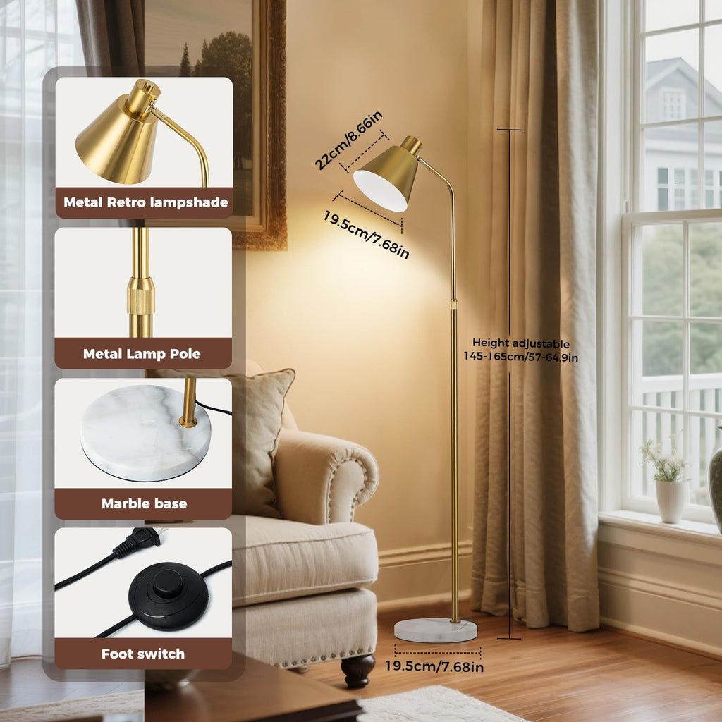 Black Gold Modern Reading Lamps Floor Standing, 12W Dimmable LED Vintage Floor Lamps, Adjustable Heights Antique