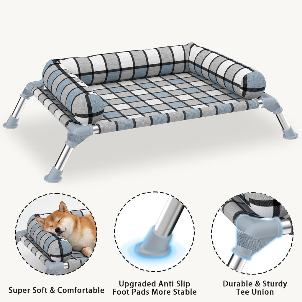 Elevated Dog Bed with Bolster, Portable Raised Lifted Pillow Pet Cot Beds