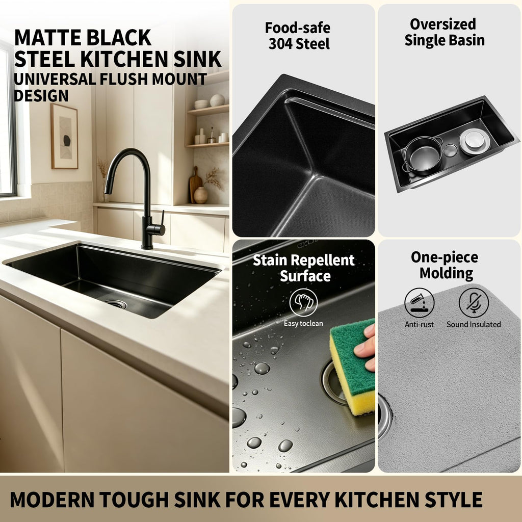 Black Undermount Kitchen Sink, 32 Inch Single Bowl Workstation Stainless Steel Sink, 81.3×45.7cm Black Kitchen Basin