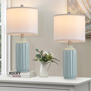 Lamp Bedroom Lamps Farmhouse Table Lamps Set of 2 Vertical Stripe Ceramic Table Lamp, Linen Shade with Bulb, 25 in