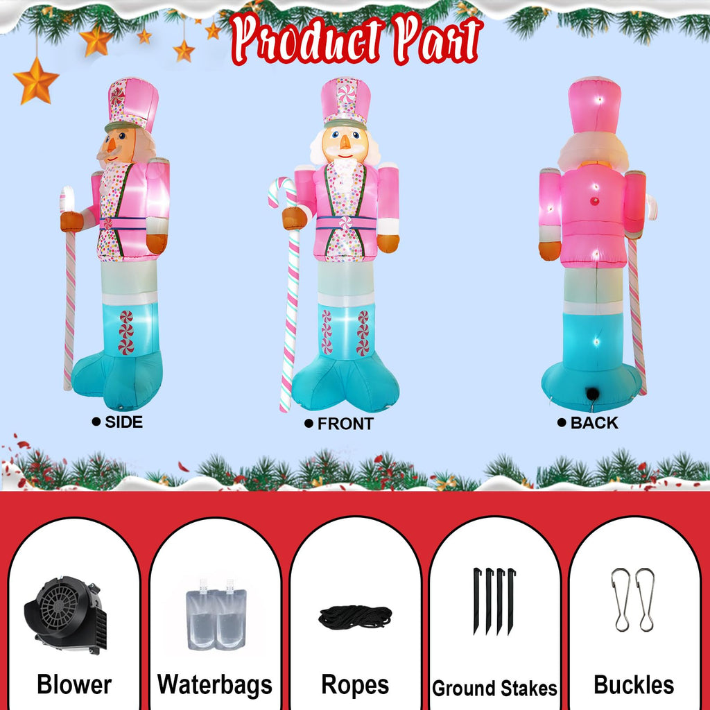 10FT Christmas Inflatables Pink Nutcracker Hold Candy Cane, Christmas Blow up Yard Decoration Nutcracker Inflatable