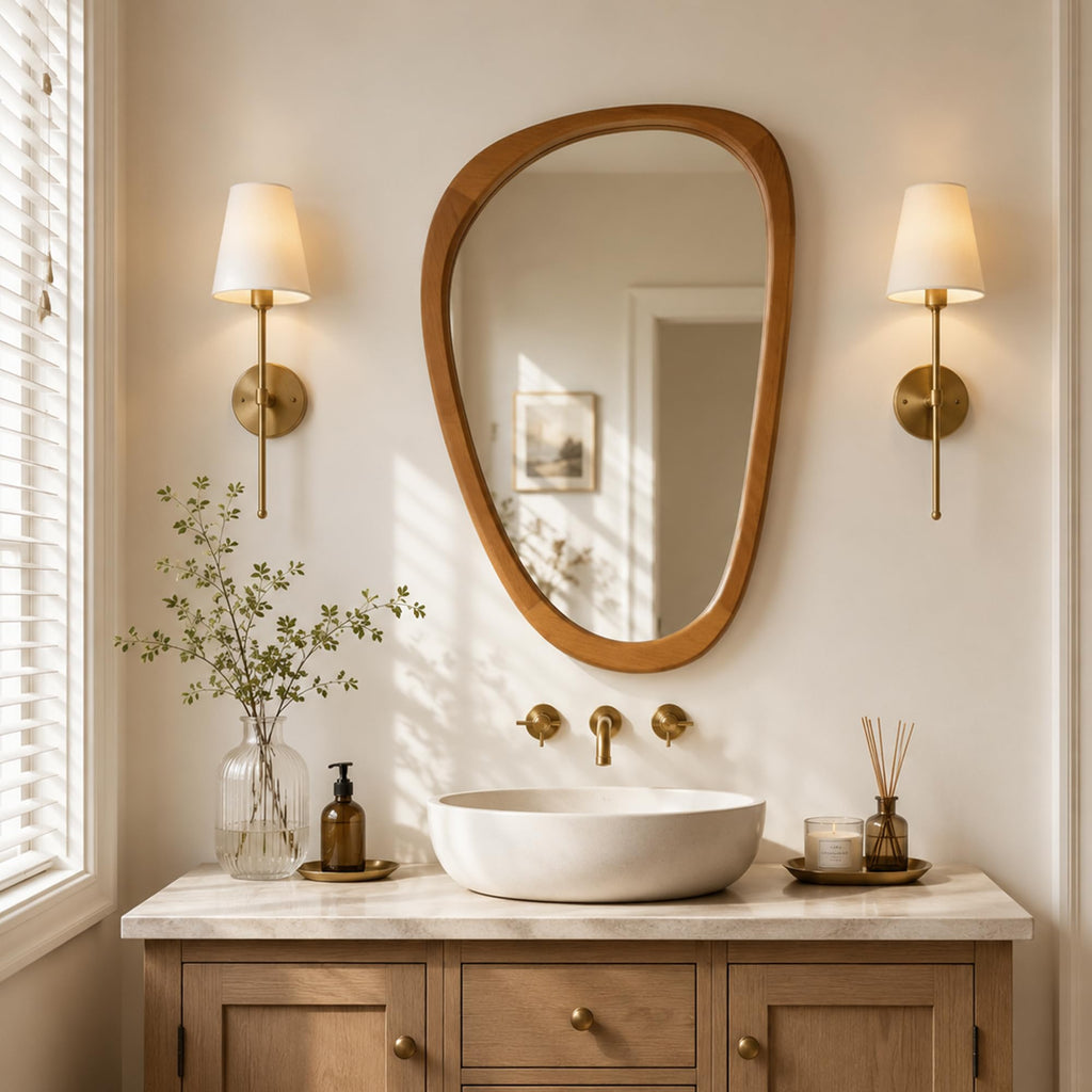 20x30 Inch Warm Walnut Asymmetrical Wood Wall Mirror