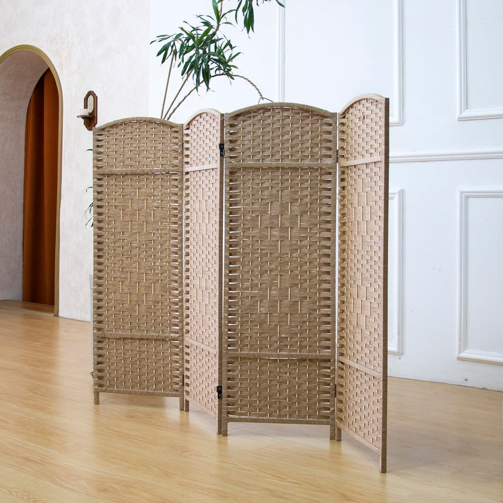 4 Panel Rattan Divider Short Room Partition Screen, Double Sided Folding Divider for Room Separation, Light Brown, 47.2"