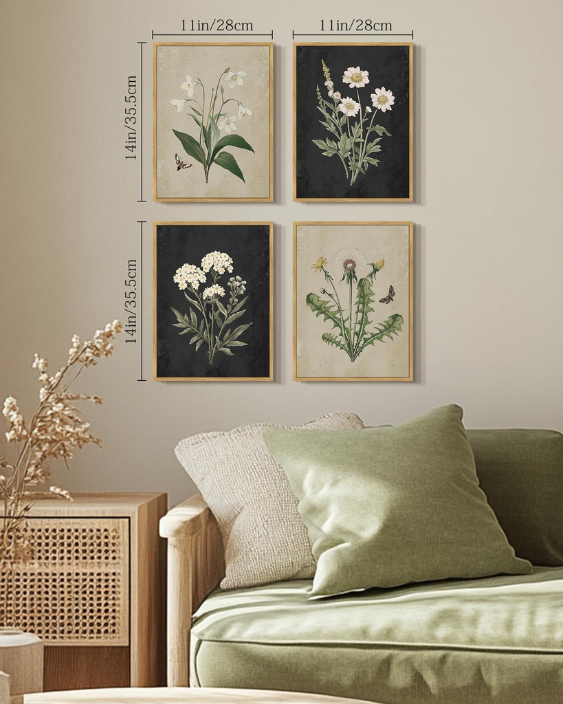 Vintage Botanical Boho Framed Wall Art Set of 4 Piece Antique Flower Prints Farmhouse Retro Plants Rustic Artwork