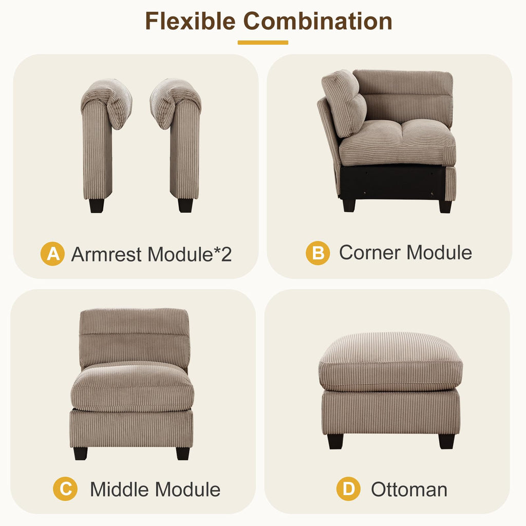 90" Modular Sectional L Shaped Corner Sofa Couch, Premium Corduroy 4-Seater Couches with Thick Cushion& Rolled Arm