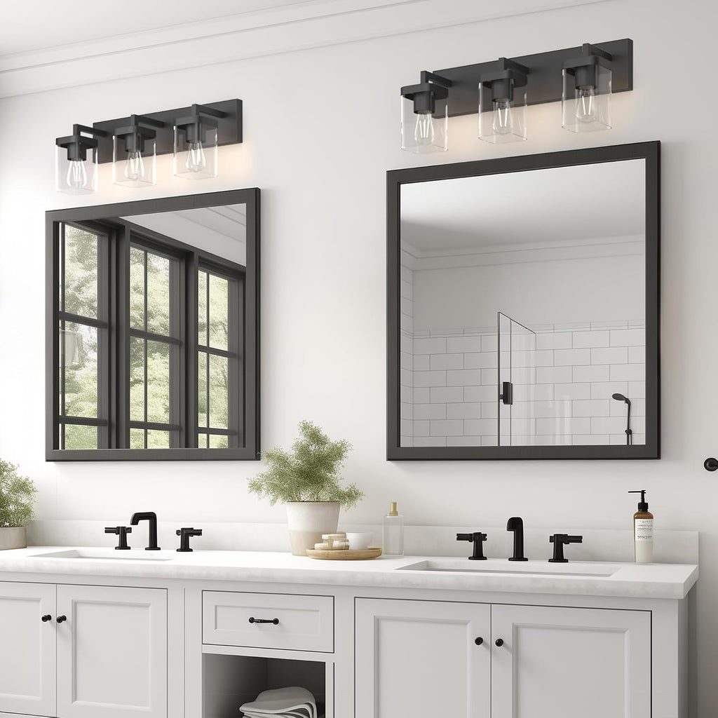Bathroom Lighting Fixtures Over Mirror, Square Design & Rectangle Large Backplate, 3 Lights Morden Vanity Lighting