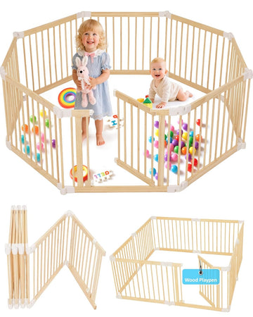 Foldable Wooden Playpen Baby Gate for Babies 3-18 Months-5.3x5.3 ft | 25" Tall Wood Playard Double-Locking for