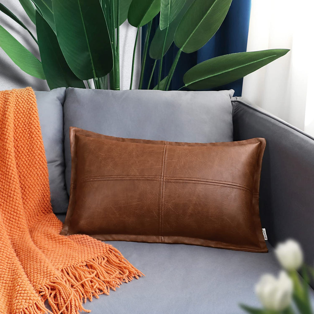 Piped Faux Leather Throw Pillow Cover 12x20 Inches, Brown, 1 PC