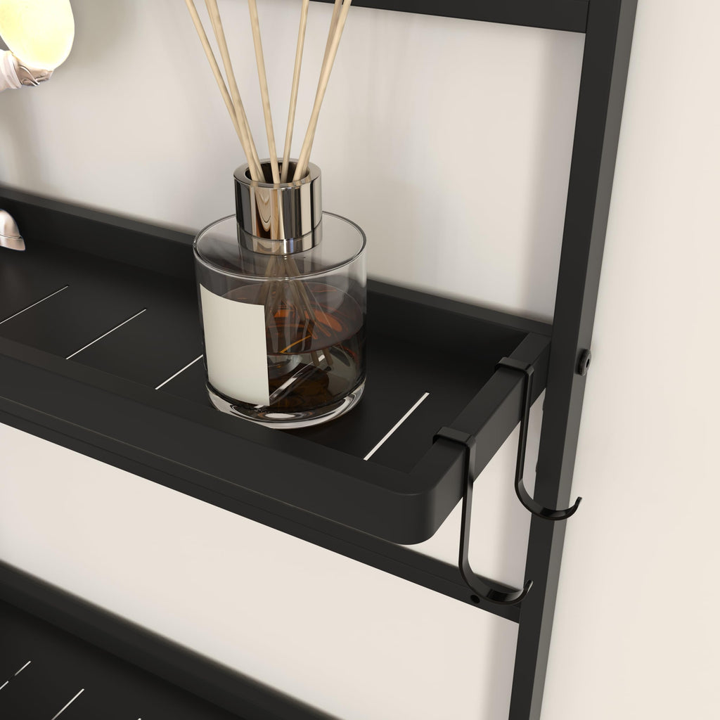 45" X 16" Black Wall Mirror with Shelf and Hooks, Rectangle Mirror for Wall, 3 Trays and 12 Removable Hooks