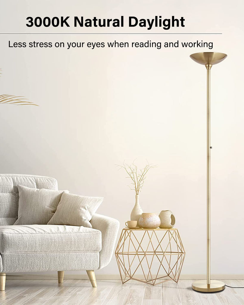 Torchiere Floor Lamp Gold, 30W Super Bright LED Standing Lamp, 3000K Stepless Dimmable Pole Lamp with Rotary Switch