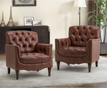 Mid Century Modern Genuine Leather Accent Chair, Brown - Set of 2