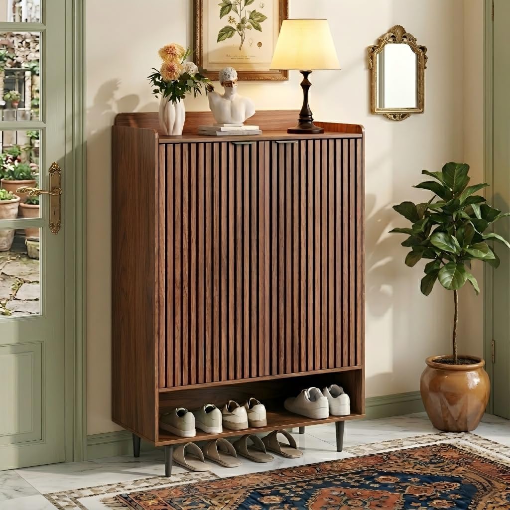 Shoe Cabinet with 2 Doors , 21 Pairs Wooden Shoe Storage Cabinet with Adjustable Shelves, Farmhouse Hidden Shoe