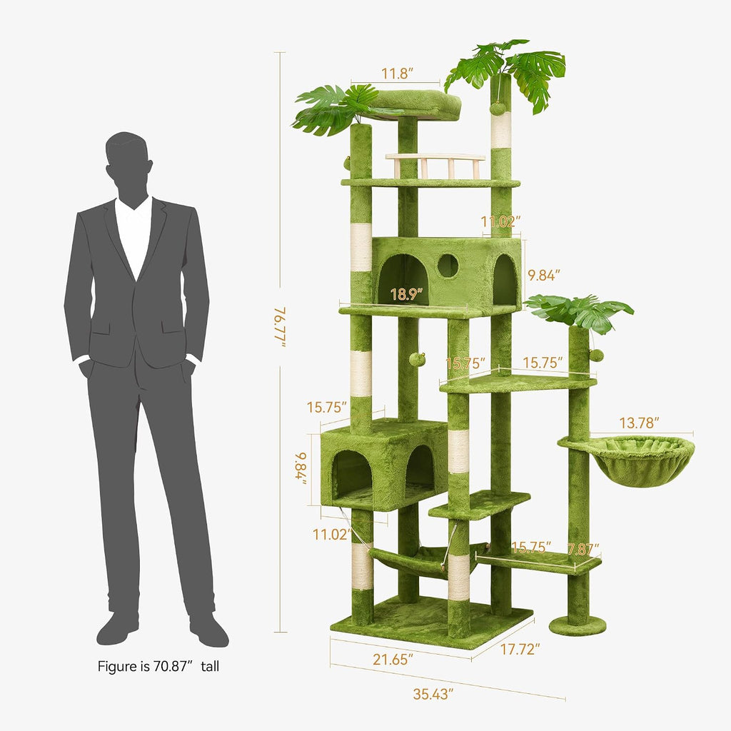 77in Tall Cat Tree for Large & Heavy Cats, 4-Level Indoor Cat Tower with Leaves, Sisal Scratching Posts, 2 Cat